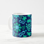 Blue Retro Style Floral and Sun Symbol Pattern Koffiemok (Voorkant links)