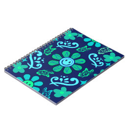 Blue Retro Style Floral and Sun Symbol Pattern Notitieboek