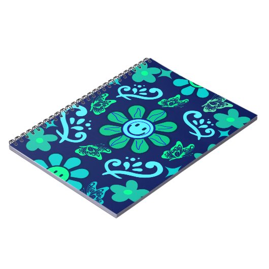 Blue Retro Style Floral and Sun Symbol Pattern Notitieboek (Linkerzijde)