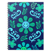 Blue Retro Style Floral and Sun Symbol Pattern Notitieboek (Voorkant)