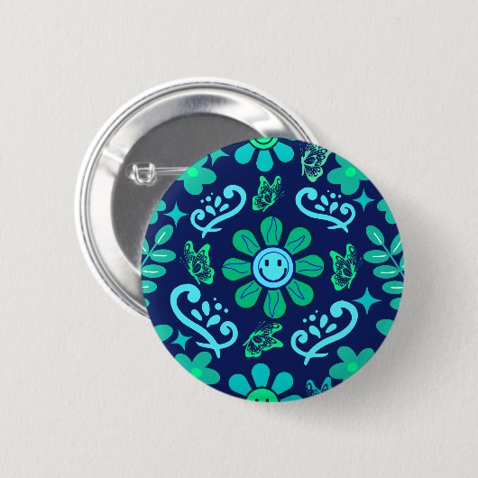 Blue Retro Style Floral and Sun Symbol Pattern Ronde Button 5,7 Cm (Voorkant /achterkant)