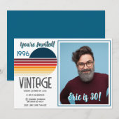 Blue Retro Sun 1996 Photo 30th Birthday Stripe  Feestdagenkaart (Voorkant / Achterkant)