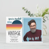 Blue Retro Sun 1996 Photo 30th Birthday Stripe  Feestdagenkaart (Staand voorkant)