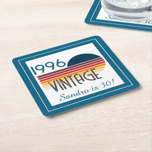 Blue Retro Sun 1996 Photo 30th Birthday Stripe  Kartonnen Onderzetters (Schuin)