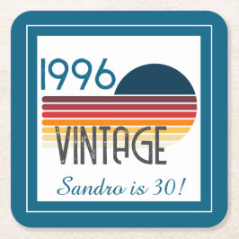 Blue Retro Sun 1996 Photo 30th Birthday Stripe  Kartonnen Onderzetters