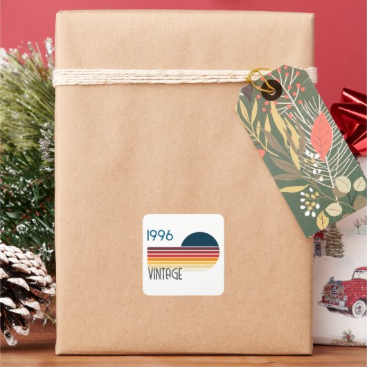 Blue Retro Sun 1996 Photo 30th Birthday Stripe  Vierkante Sticker (Feestdagen)