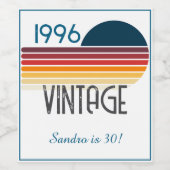 Blue Retro Sun 1996 Photo 30th Birthday Stripe  Wijn Etiket (Enkel label)