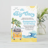 Blue Retro Van Wave Surf De Grote 1e Verjaardag Kaart (Staand voorkant)