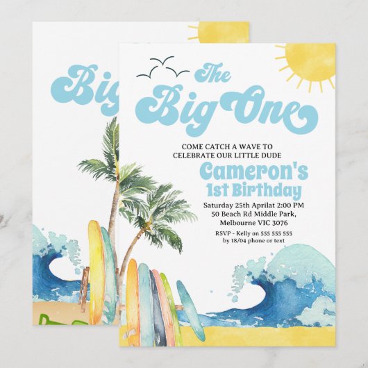 Blue Retro Wave Surf De Grote 1e Verjaardag Kaart (Voorkant / Achterkant)