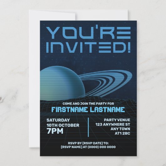 Blue Retrowave Party Uitnodiging (Voorkant)