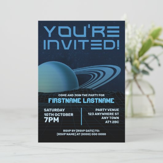 Blue Retrowave Party Uitnodiging (Staand voorkant)