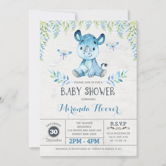 Blue Rhinoceros / Oerwoud Rhino Boy Baby shower Kaart (Voorkant)