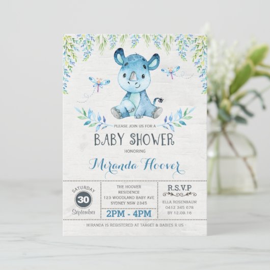 Blue Rhinoceros / Oerwoud Rhino Boy Baby shower Kaart (Staand voorkant)
