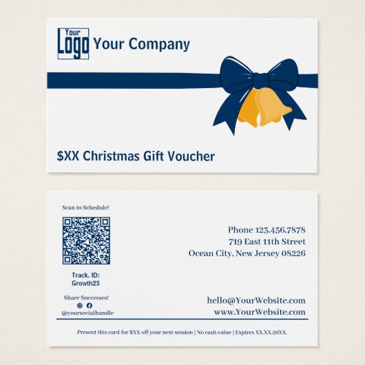 Blue Ribbon Bells Christmas Gift Voucher Kaart (Voorkant /achterkant)
