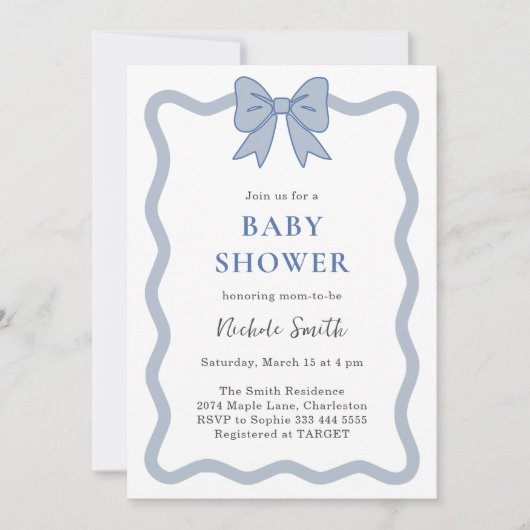 Blue Ribbon Bow Baby shower Invitation Kaart (Voorkant)