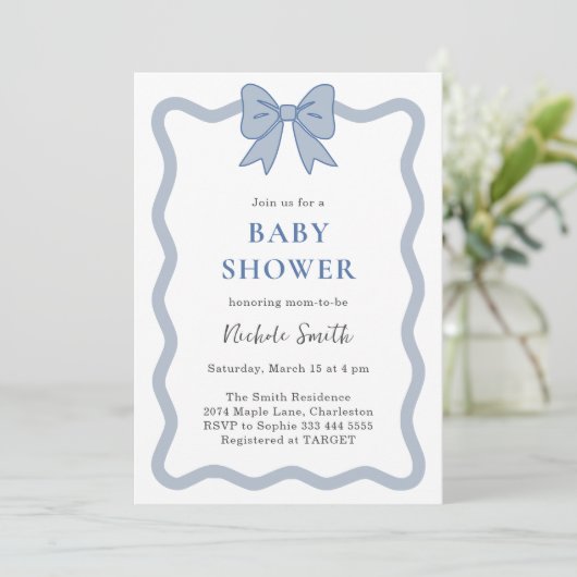 Blue Ribbon Bow Baby shower Invitation Kaart (Staand voorkant)