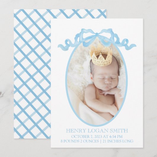 Blue Ribbon Bow Waterverf Gingham Baby Boy (Voorkant / Achterkant)