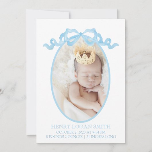 Blue Ribbon Bow Waterverf Gingham Baby Boy Feestdagenkaart (Voorkant)