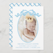 Blue Ribbon Bow Waterverf Gingham Baby Boy Feestdagenkaart (Voorkant / Achterkant)