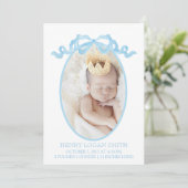 Blue Ribbon Bow Waterverf Gingham Baby Boy Feestdagenkaart (Staand voorkant)