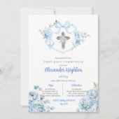 Blue Ribbon Crest Eerste Heilige Communie Kaart (Voorkant)