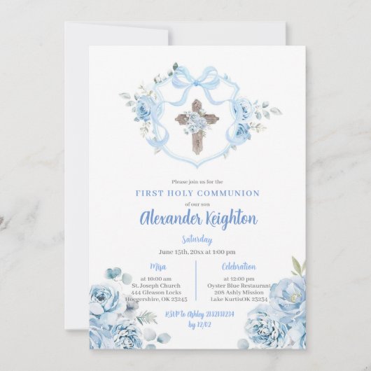 Blue Ribbon Crest Eerste Heilige Communie Kaart (Voorkant)