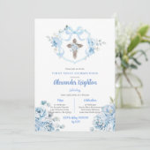 Blue Ribbon Crest Eerste Heilige Communie Kaart (Staand voorkant)