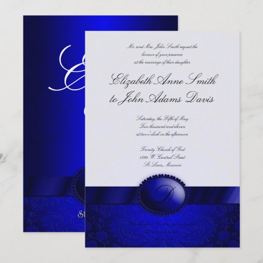 Blue Ribbon Damask Wedding Uitnodiging (Voorkant / Achterkant)