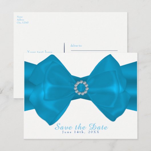 Blue Ribbon & Diamonds Elegant Glam Save the Date Aankondigingskaart (Voorkant / Achterkant)