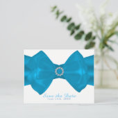 Blue Ribbon & Diamonds Elegant Glam Save the Date Aankondigingskaart (Staand voorkant)