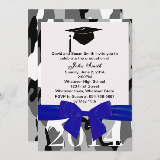 Blue Ribbon en Grey Camo Afstuderen Kaart (Voorkant / Achterkant)