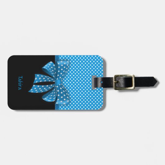 Blue Ribbon en Polka Dots Bagagelabel (Voorkant horizontaal)