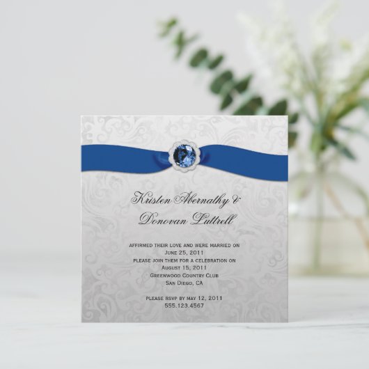 Blue Ribbon Gem Zilveren Post Huwelijksuitnodiging Kaart (Staand voorkant)