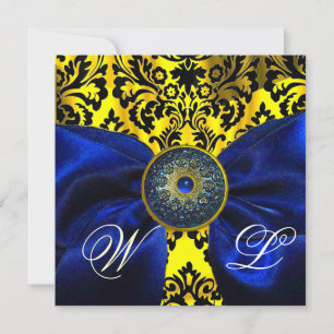 BLUE RIBBON GOLD YELLOW BLACK DAMASK MONOGRAM KAART