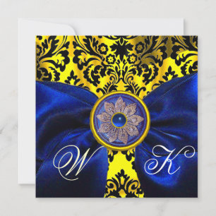 BLUE RIBBON GOLD YELLOW BLACK DAMASK MONOGRAM KAART
