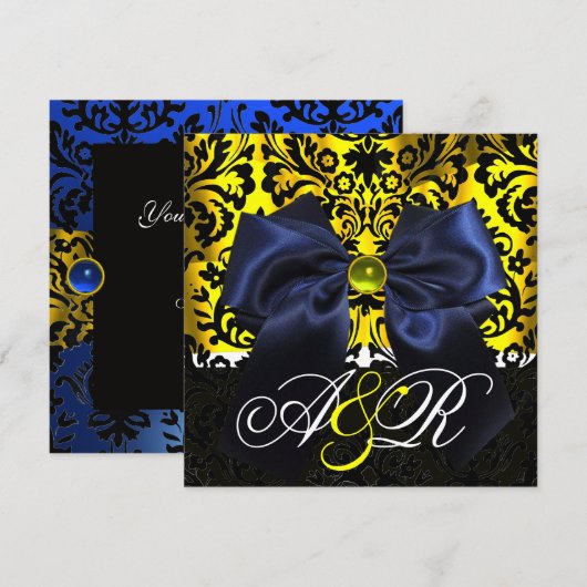 BLUE RIBBON GOLD YELLOW BLACK DAMASK MONOGRAM KAART (Voorkant / Achterkant)