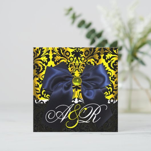 BLUE RIBBON GOLD YELLOW BLACK DAMASK MONOGRAM KAART (Staand voorkant)