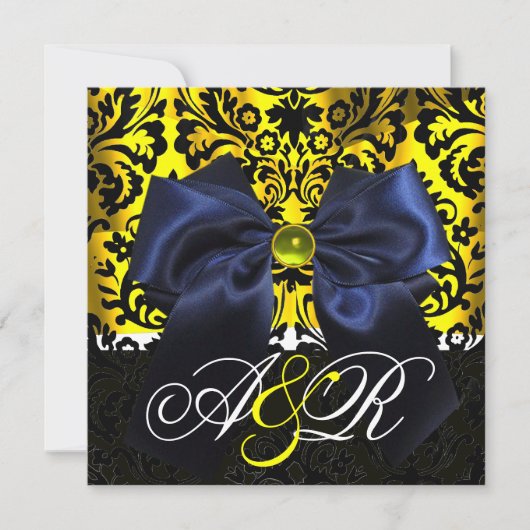 BLUE RIBBON GOLD YELLOW BLACK DAMASK MONOGRAM KAART (Voorkant)