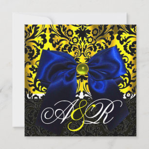 BLUE RIBBON GOLD YELLOW BLACK DAMASK MONOGRAM KAART