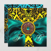 BLUE RIBBON GOLD YELLOW BLACK DAMASK MONOGRAM KAART (Voorkant / Achterkant)