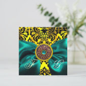 BLUE RIBBON GOLD YELLOW BLACK DAMASK MONOGRAM KAART (Staand voorkant)