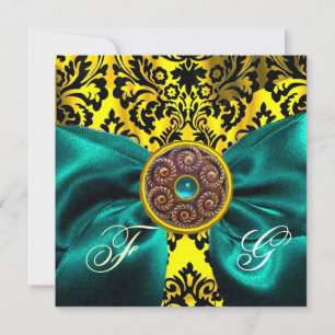 BLUE RIBBON GOLD YELLOW BLACK DAMASK MONOGRAM KAART