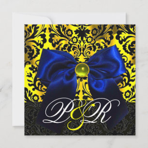 BLUE RIBBON GOLD YELLOW BLACK DAMASK MONOGRAM KAART