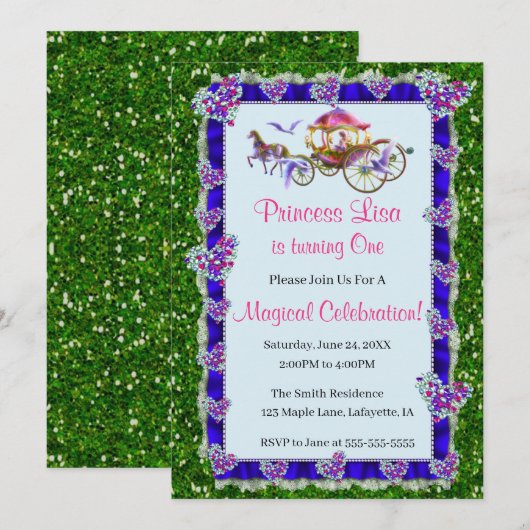 Blue Ribbon Green Glitter Royal Princess Birthday Kaart (Voorkant / Achterkant)