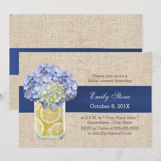 Blue Ribbon Hydrangea & Mason Jar Vrijgezellenfees Kaart (Voorkant / Achterkant)