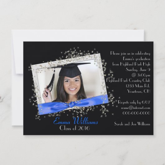 Blue Ribbon met Glitter Afstuderen Invitation Kaart (Voorkant)