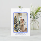 Blue Ribbon Monogram Foto Grandmillennial Feestdagenkaart (Staand voorkant)