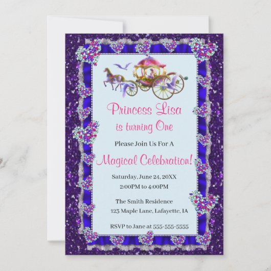 Blue Ribbon Paars Glitter Royal Princess Birthday Kaart (Voorkant)