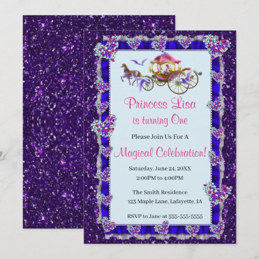 Blue Ribbon Paars Glitter Royal Princess Birthday Kaart (Voorkant / Achterkant)