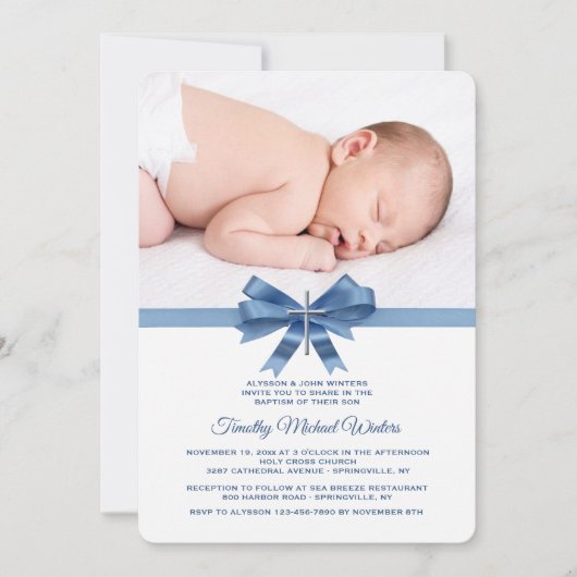 Blue Ribbon Photo Baptism Invitation Kaart (Voorkant)
